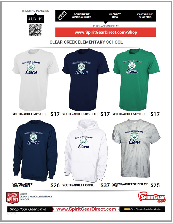 Clear Creek spirit wear for Sale. Please see flyer for details. 