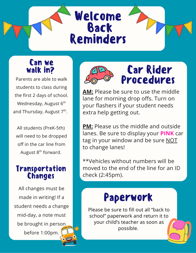 Welcome Back Reminders. See flyer for detils.