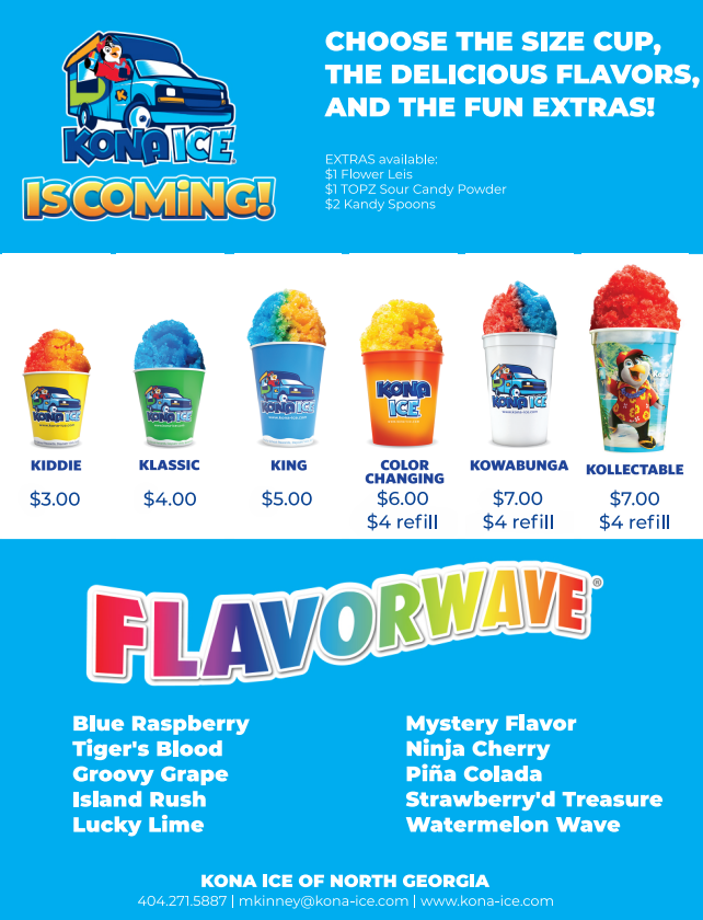 🎉 Celebrate the First Friday of School with KONA ICE! 🍧 What better way to kick off our first Friday than with a cool treat from Kona Ice? Prices start at just $3.00. If you'd like your child to purchase a Kona Ice, please send cash in an envelope or bag labeled with their name. Let’s make it a sweet start to the school year! See you tomorrow!