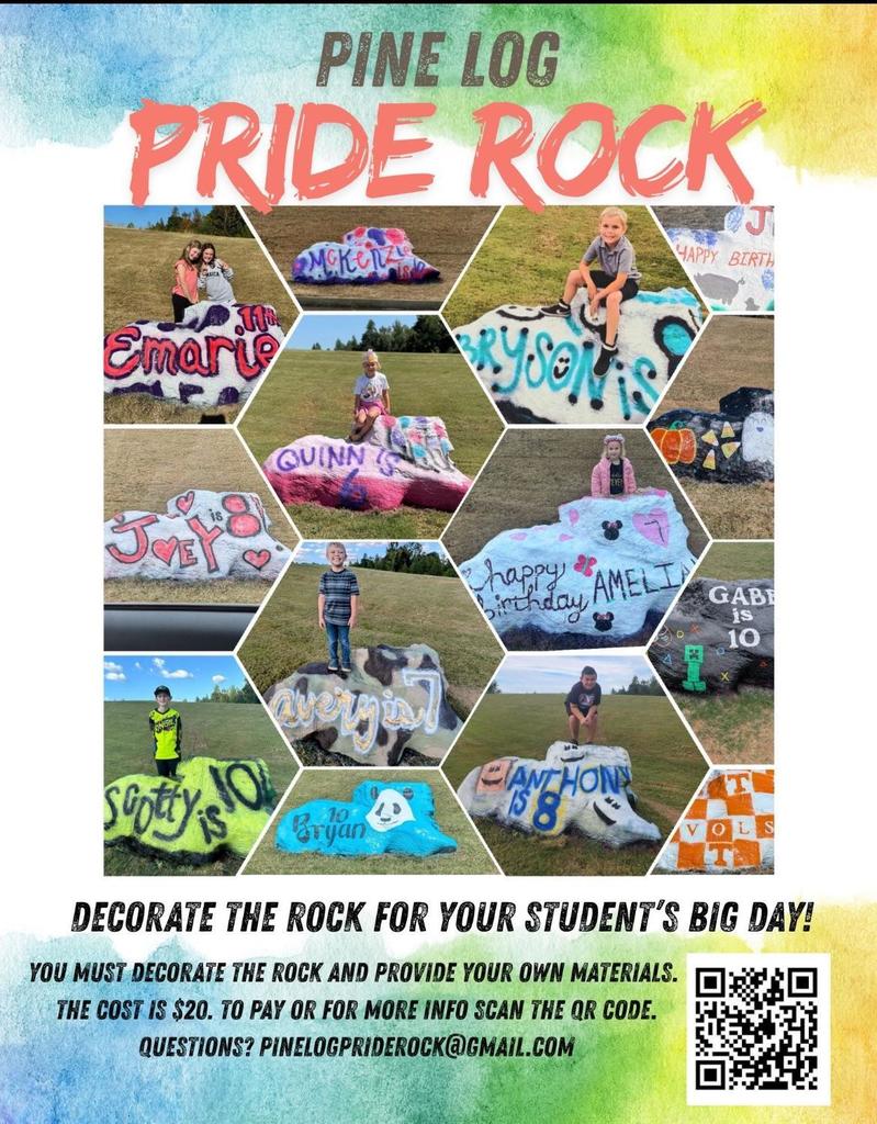 🎉 Celebrate Your Student in Style! 🎉 Pine Log Elementary’s Pride Rock is the perfect way to make your child’s big day extra special — birthdays, accomplishments, milestones, or just because! For only $20, you can reserve the rock, decorate it yourself, and make it a memory your student will never forget. 🖌️💙 ✅ You provide your own materials ✅ Make it personal & creative ✅ Perfect for birthdays, achievements & special events. 📅 Reserve your spot today: https://ples-ptco.square.site/ 📧 Questions? Email PineLogPrideRock@gmail.com Let’s fill our Pride Rock with color, joy, and celebration all year long!