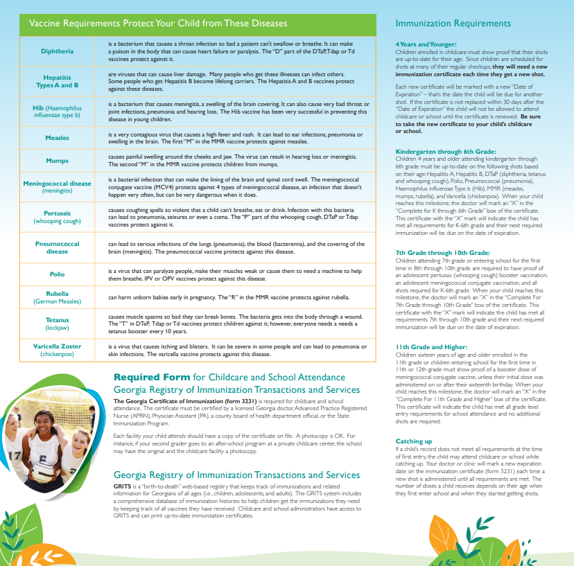 Department of public health information requirements regarding immunizations - English