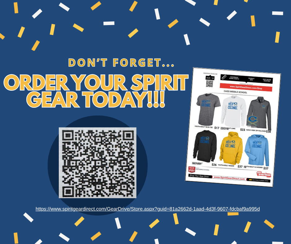 don't forget . . . order your spirit gear today! QR code at bottom left; images of shirts available on right side of page