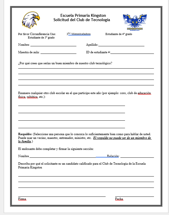 Technology Club Application Spanish p.1