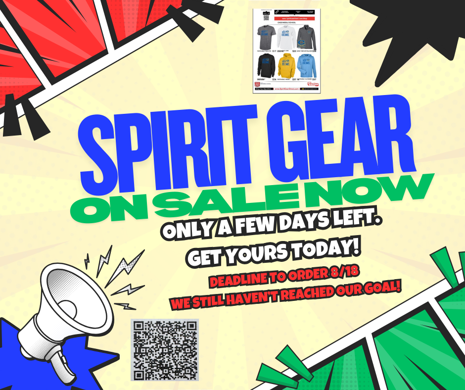 spirit gear on sale now! only a few days left. Get yours today. Deadline to order 8/18. we still haven't reached outr goal. QR code bottom left; color splotches in each corner