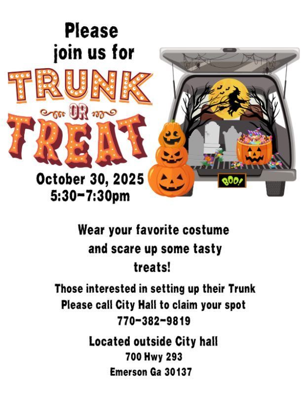 The City of Emerson will be hosting their first Trunk or Treat on Thursday, October 30, 2025! Join the city in this fun-filled free event for students and families. 