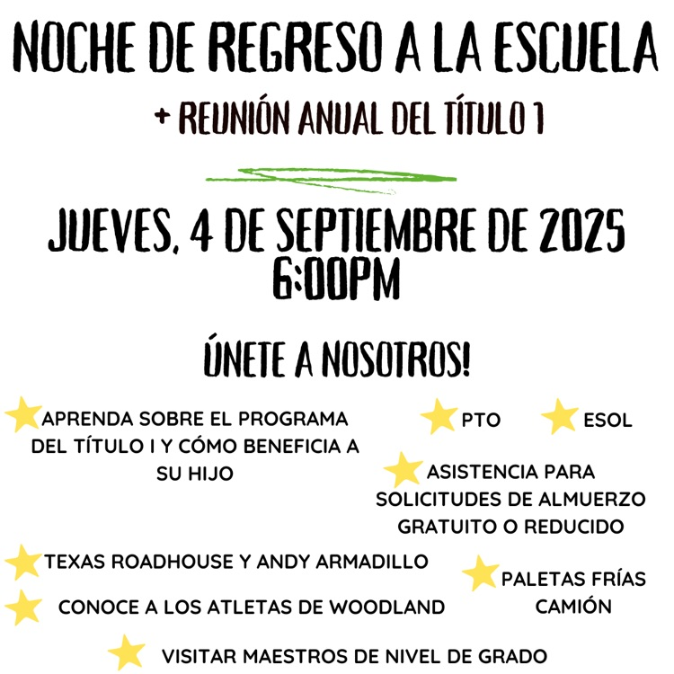 back to school title one night, Thursday, September 4, 2025 at 6 PM. Learn about title one PTOESOL Texas roadhouse and Andy armadillo visit grade level teachers meet Woodland high school athletes visit the Frio‘s pop truck. Spanish 