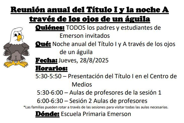 Join us this Thursday, 8/28 for our Annual Title I Meeting and Through the Eyes of an Eagle Night. Presentations begin at 5:30pm. Everyone is welcome.