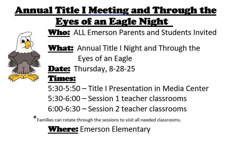 Join us this Thursday, 8/28 for our Annual Title I Meeting and Through the Eyes of an Eagle Night. Presentations begin at 5:30pm. Everyone is welcome.