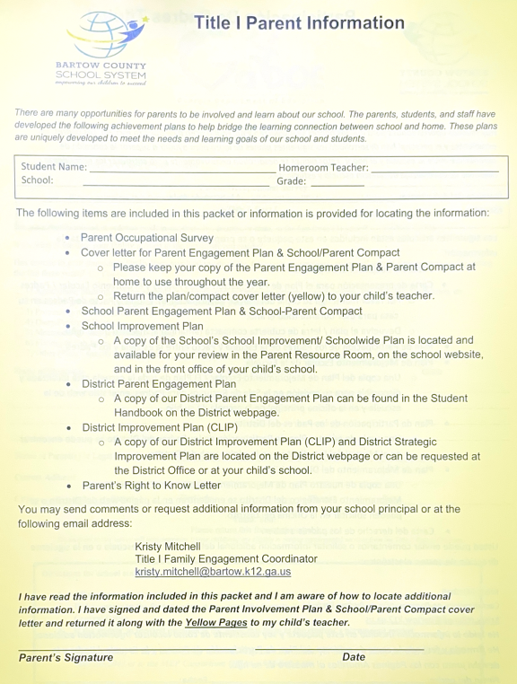 Parents please make sure that you have returned the yellow Title 1 Parent Information sheet. Thank you