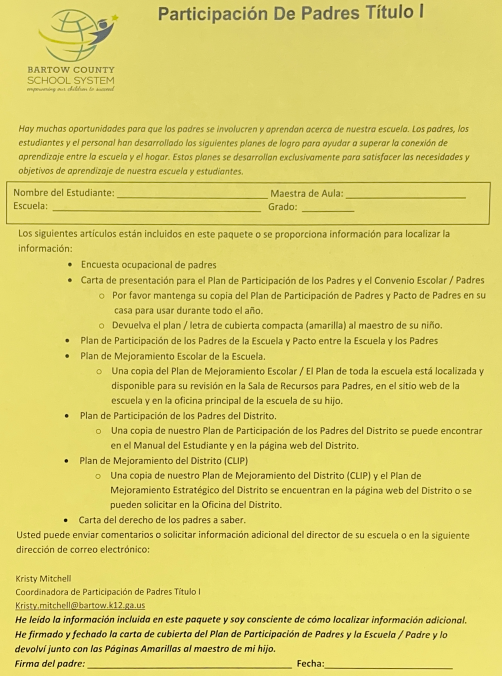 Parents please make sure that you have returned the yellow Title 1 Parent Information sheet. Thank you