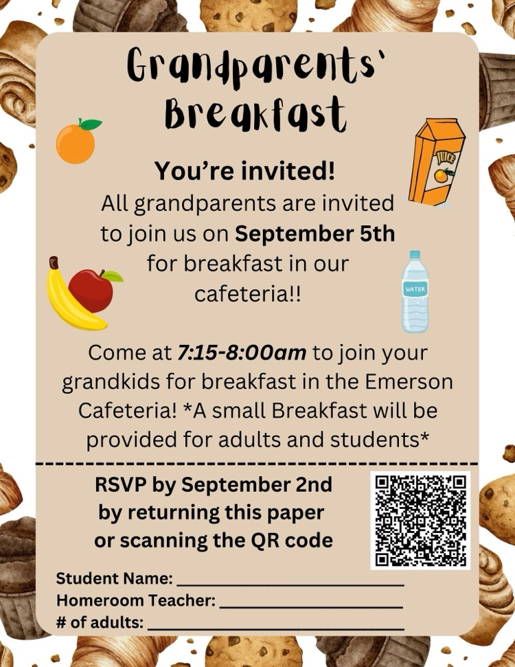 👵🏼👴🏾Grandparents’ Breakfast is September 5th! 7:15am-8:00am.  🩷Breakfast will be provided for grandparents and students.  📫Please RSVP on paper or QR code by September 2nd!   📚Don’t forget to stop by the Book Fair while you’re here!