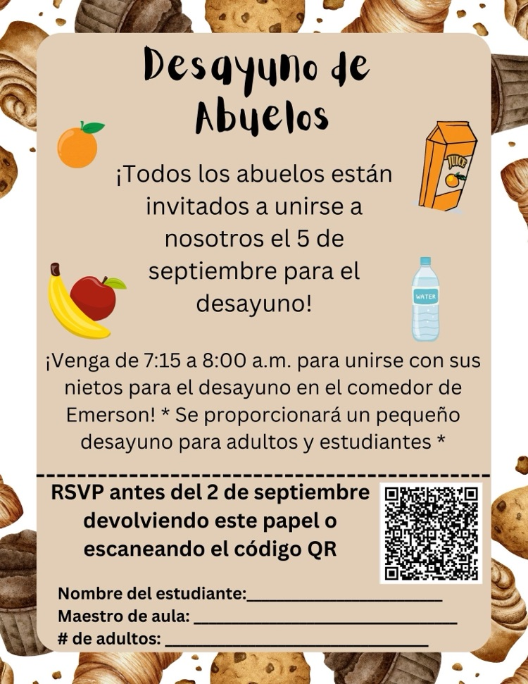 👵🏼👴🏾Grandparents’ Breakfast is September 5th! 7:15am-8:00am.  🩷Breakfast will be provided for grandparents and students.  📫Please RSVP on paper or QR code by September 2nd!   📚Don’t forget to stop by the Book Fair while you’re here!