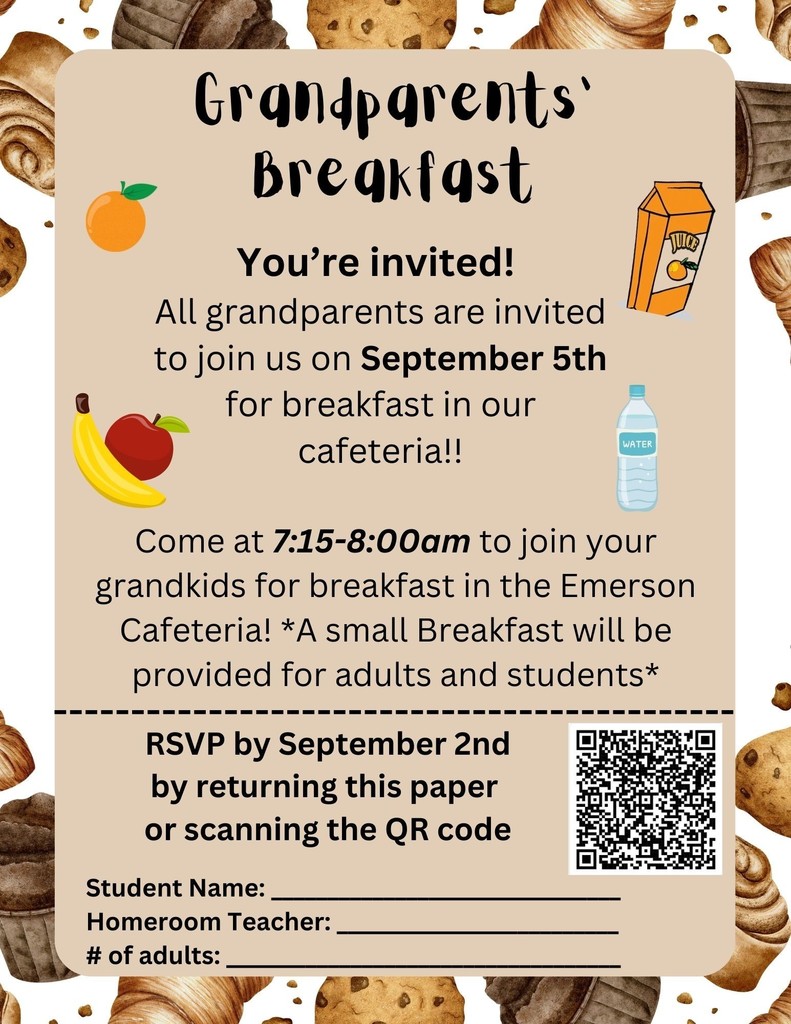 👵🏼👴🏾Grandparents’ Breakfast is this Friday, September 5th! 7:15am-8:00am.  🩷Breakfast will be provided for grandparents and students.  📫Please RSVP on paper or QR code by September 2nd!   📚Don’t forget to stop by the Book Fair while you’re here!