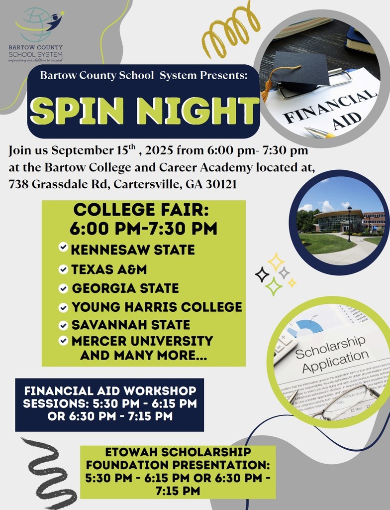 Join us September 15 , 2025 from 6:00 pm- 7:30 pm at the Bartow College and Career Academy located at, 738 Grassdale Rd, Cartersville, GA 30121