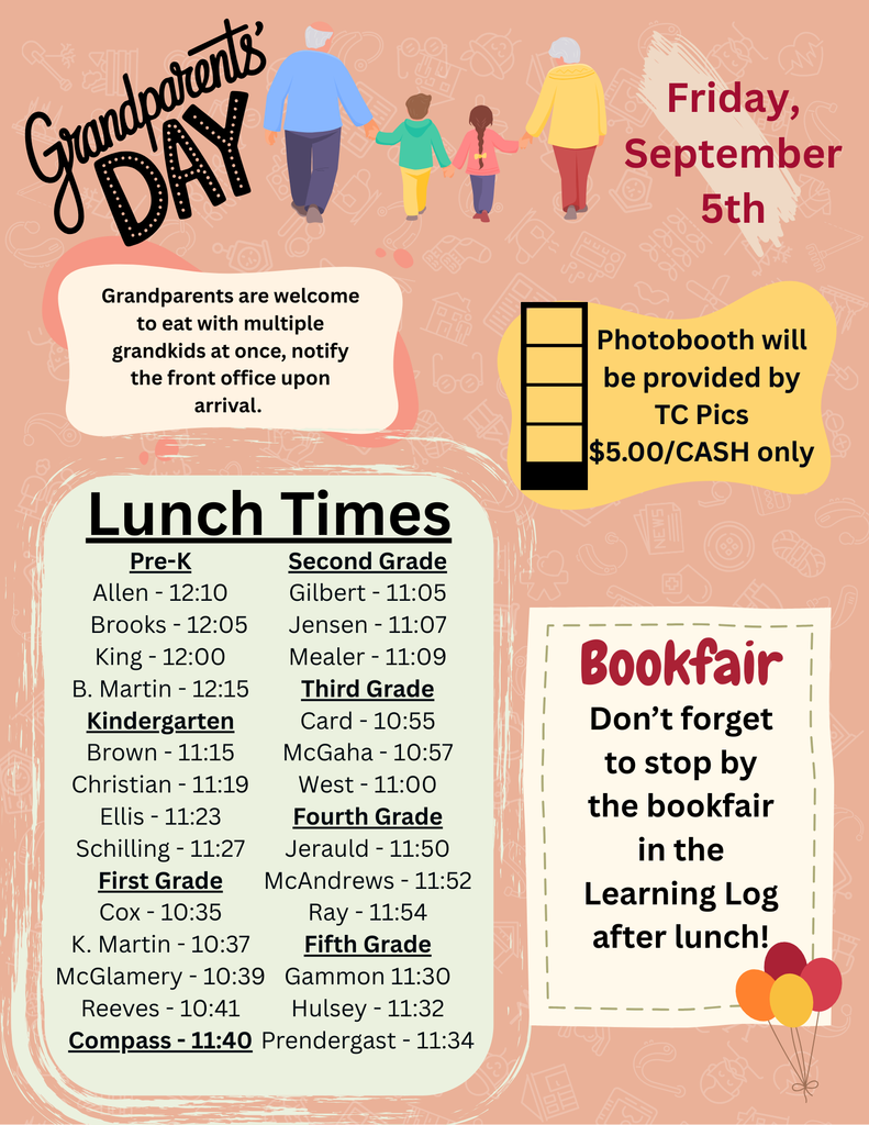 Grandparents Day Information! The photo includes lunch times, bookfair information, photo booth information.