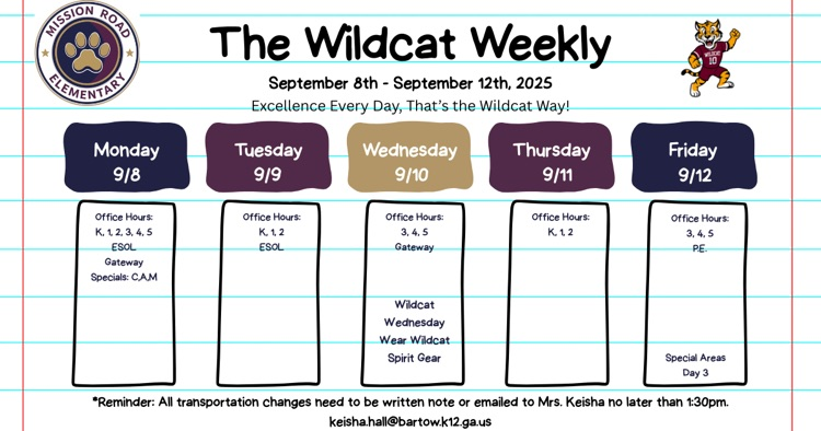 Wildcat weekly calendar English 