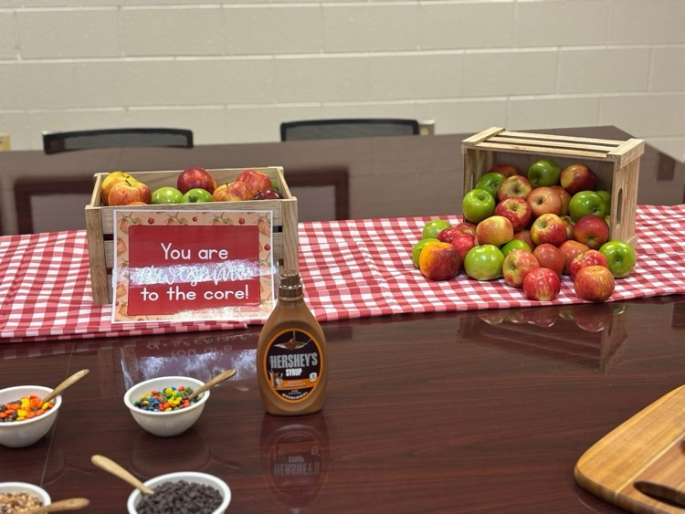 table with crates of apples, red checkered table cloth, a variety of toppings! 