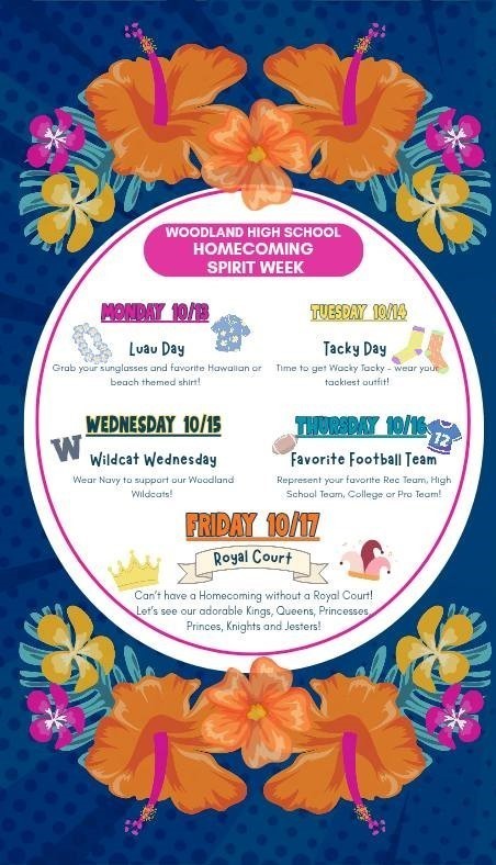We are excited to celebrate Woodland High School's Homecoming Spirit Week starting tomorrow! We hope you will join us! Check out the dress up days for our Emerson students. 