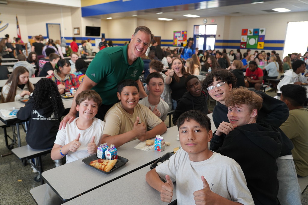 Superintendent Terza with Cass Middle School students in cafe