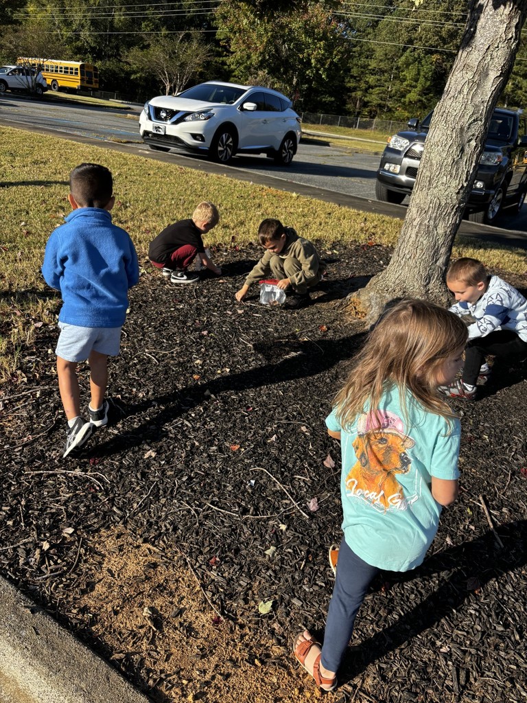 students walking outside picking up items