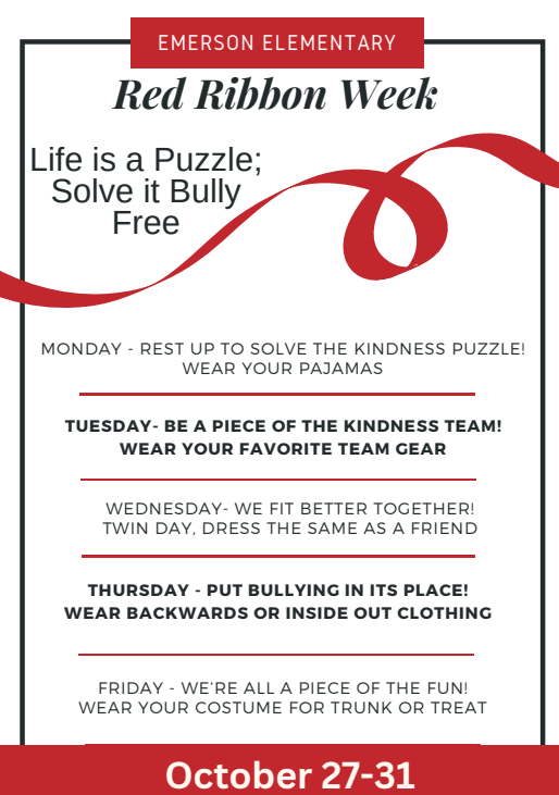 We are so excited for Red Ribbon Week next week, October 27-31! We will celebrate each day with fun DRESS-UP days!