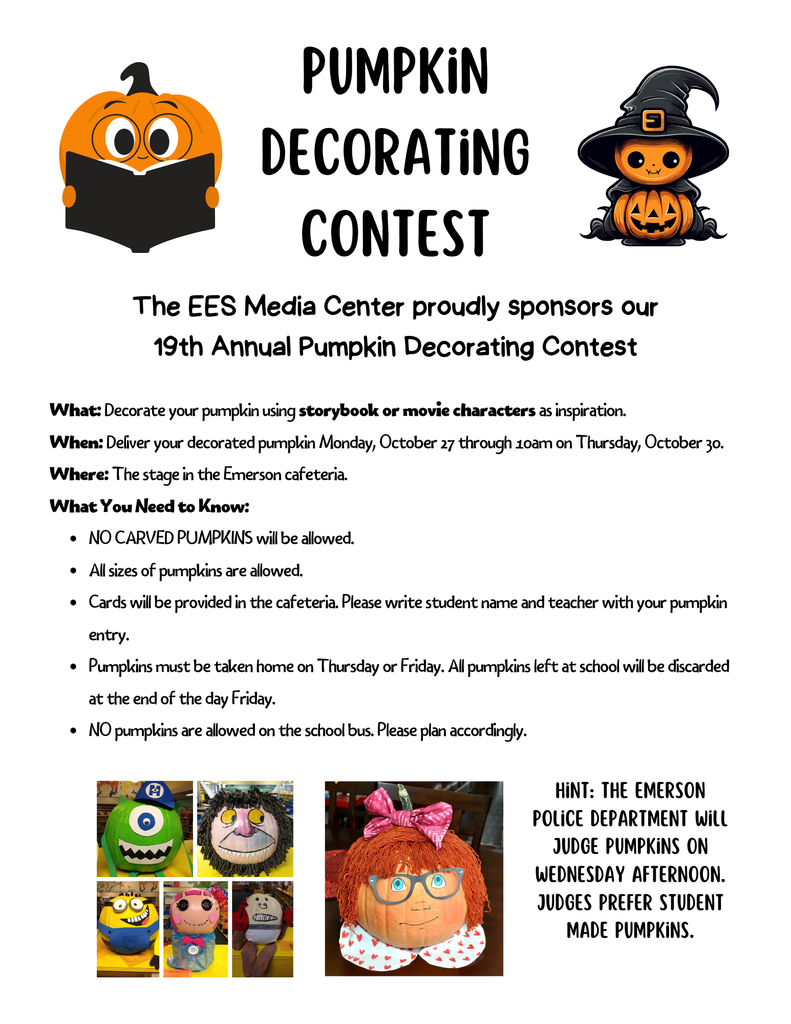 We are excited for our 19th Annual Pumpkin Decorating Contest! Be sure to read through the directions below. Pumpkins can be dropped off in the front office beginning next Monday, 10/27. Judging will take place on Thursday, and all pumpkins must be taken home Thursday or Friday.