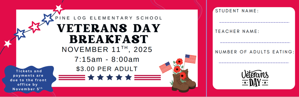 Veterans Day presale breakfast ticket. Red border with stars, boots and american flags