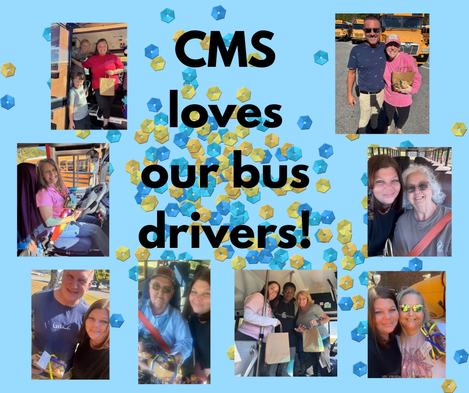 CMS loves our bus drivers; pictures of various bus drivers frame words