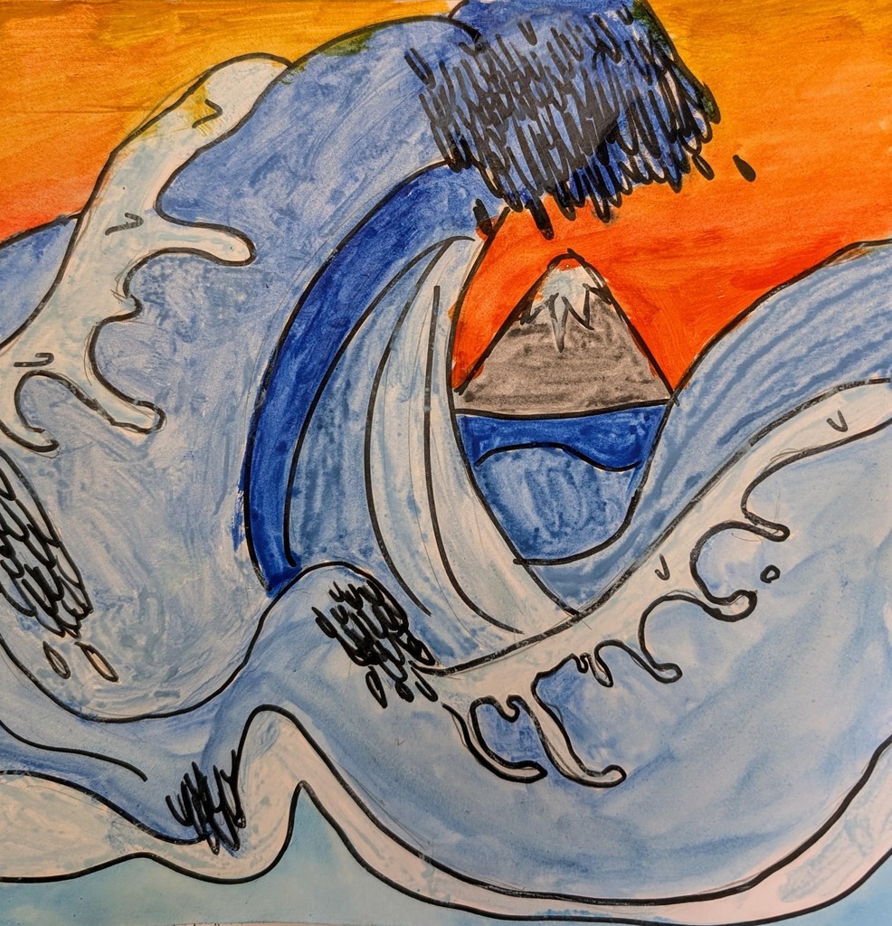 painting of some big waves with a volcano in the background