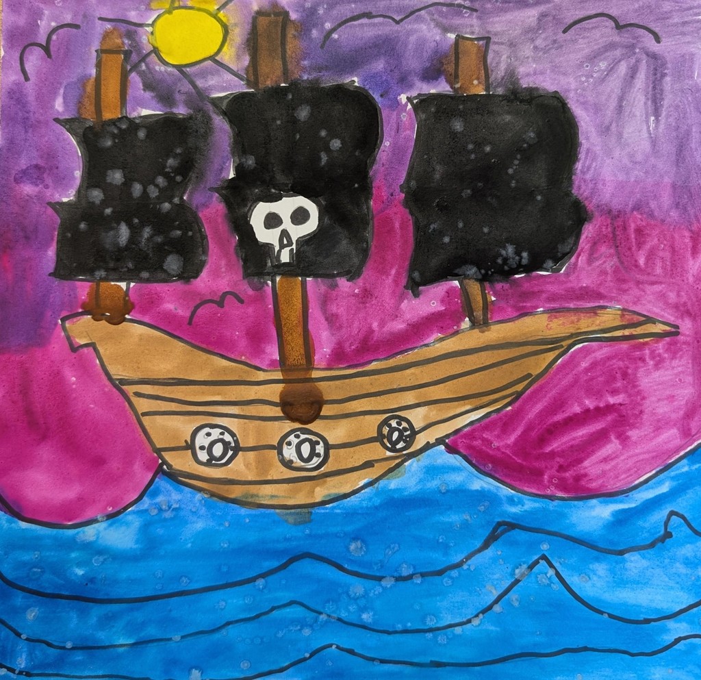 painting of pirate ship in ocean