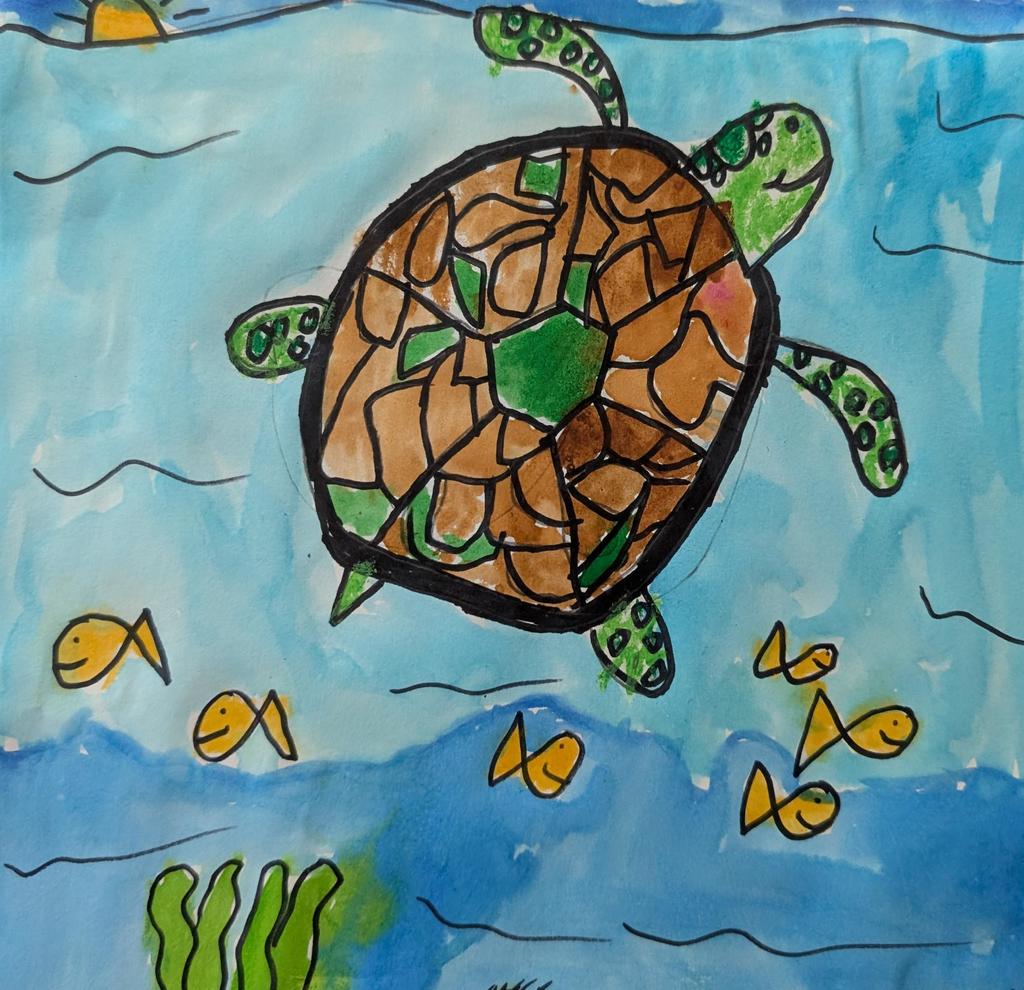 painting of a turtle with small fish swimming around it