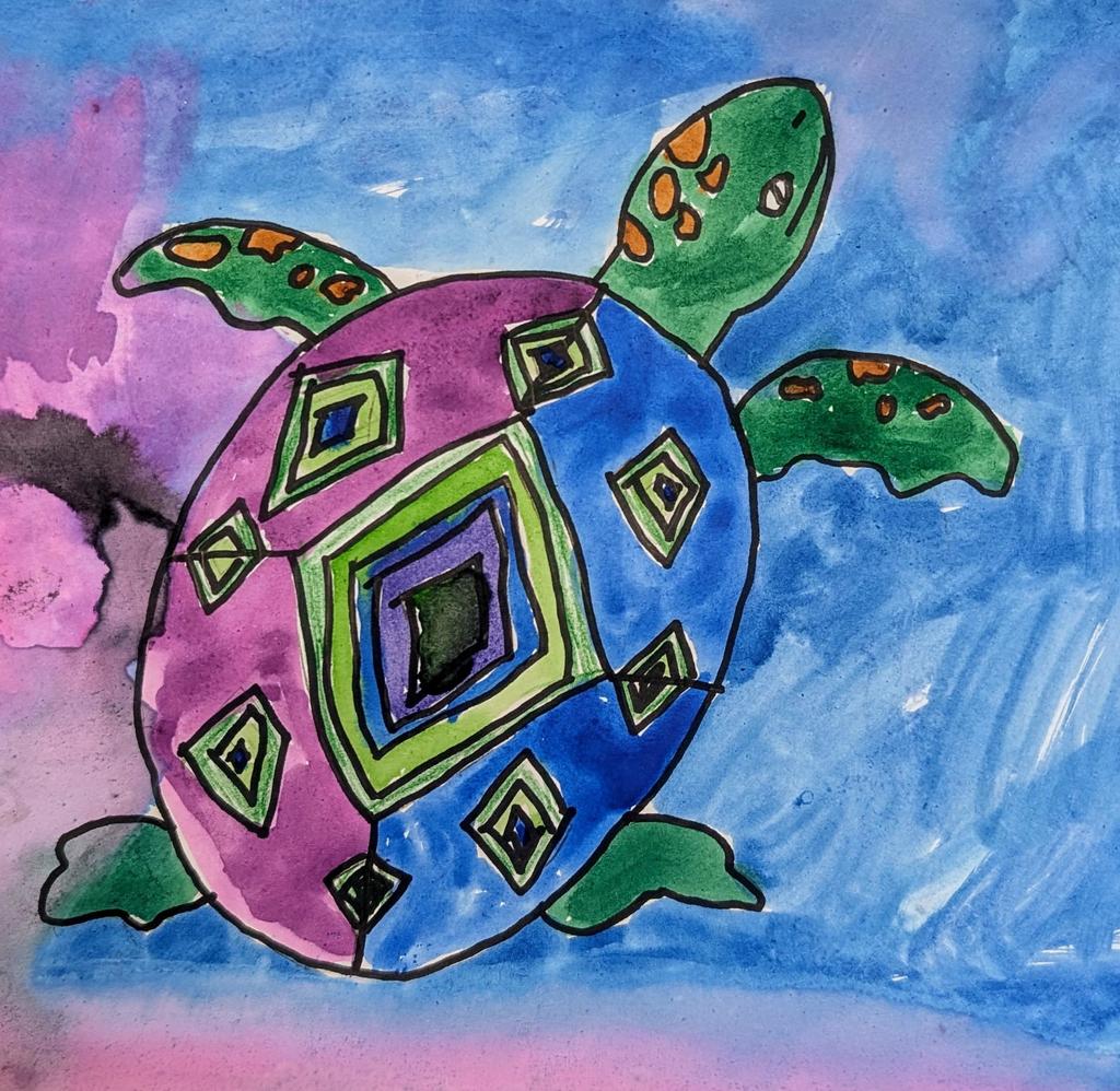 painting of a turtle, one side is blue and the other is purple