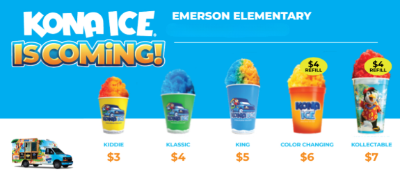 Kona Ice will be here this Friday. Don't forget to send money in the morning with your child. The office cannot accept money dropped off after your child is at school.