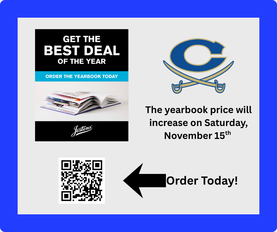 get the best deal of the year. order the yearbook today. The yearbook price will increase on Saturday, november 15th. Order today! QR code at bottom left of screen