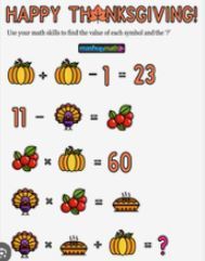 Happy Thanksgiving.  Use your math skills to find the value of each symbol and the ?