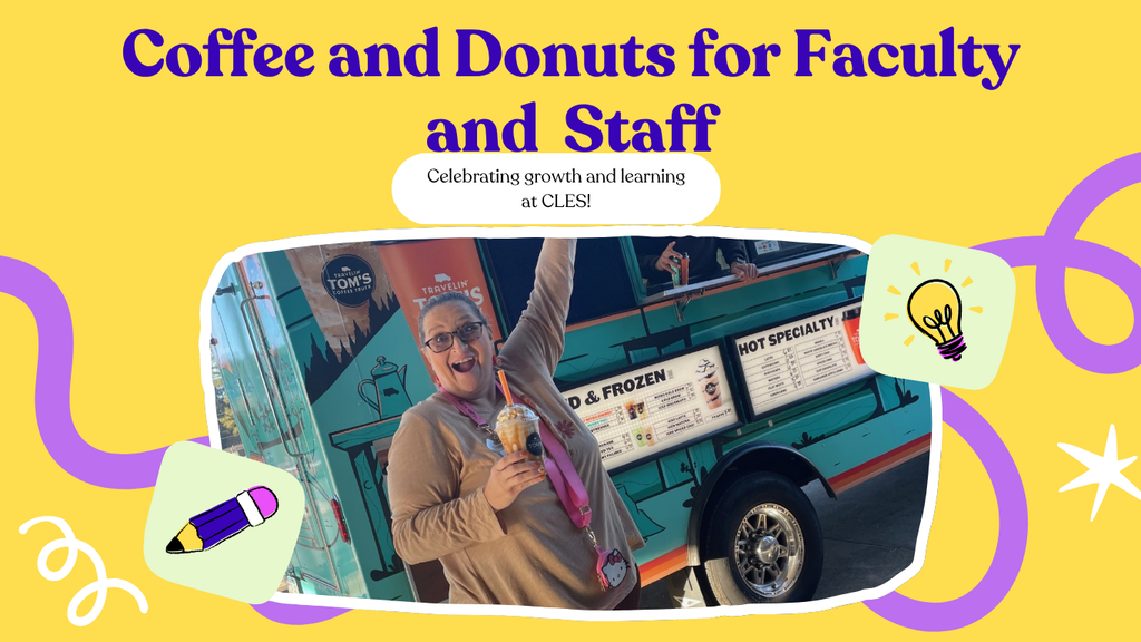 Smiling teacher wearing glasses and a brown shirt enjoying a frappe in celebration of learning and growth at Cloverleaf.