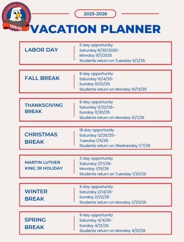 Just a reminder: Student attendance is a HUGE focus this year in BCSS and the state of Georgia. We have put together a guide for planning vacations so your student(s) will not miss important instructional days.