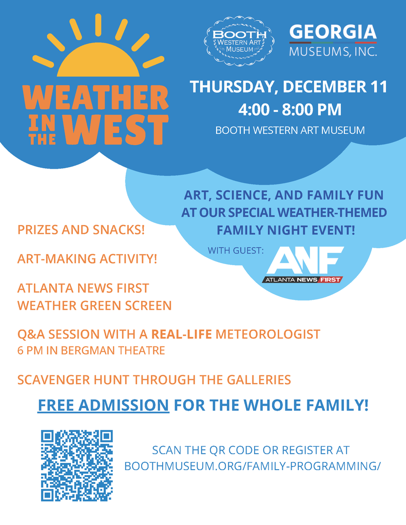 Please see the image for more details about a fun opportunity at the Booth Western Art Museum. On Thursday, December 11th from 4:00-8:00 PM. Art, Science, and Family Fun