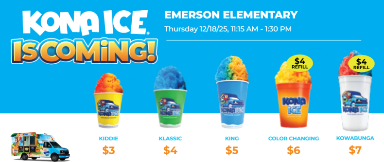 Kona Ice will be here this Thursday. Don't forget to send money in the morning with your child. The office cannot accept money dropped off after your child is at school.