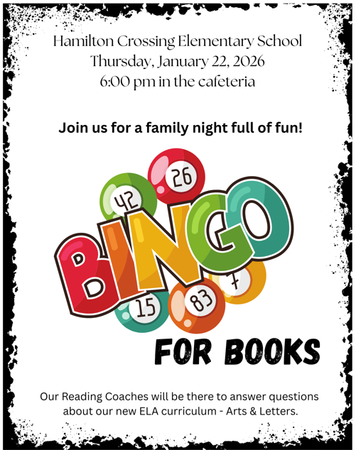 Bingo for Books on Thursday, January 22 in Cafeteria at HCES.