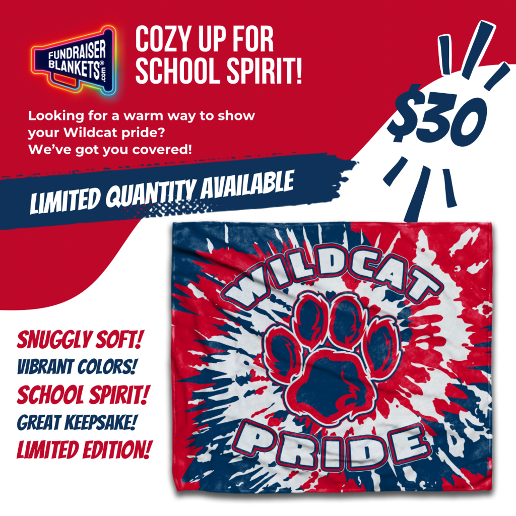 Cozy Up For School Spirit!  $30  Looking for a warm way to show your Wildcat pride?  We've got you covered.  Limited Quantity Available.  Snuggly soft!  Vibrart Colors! School spirit! Great keepsake! Limited edition! Wildcat Pride