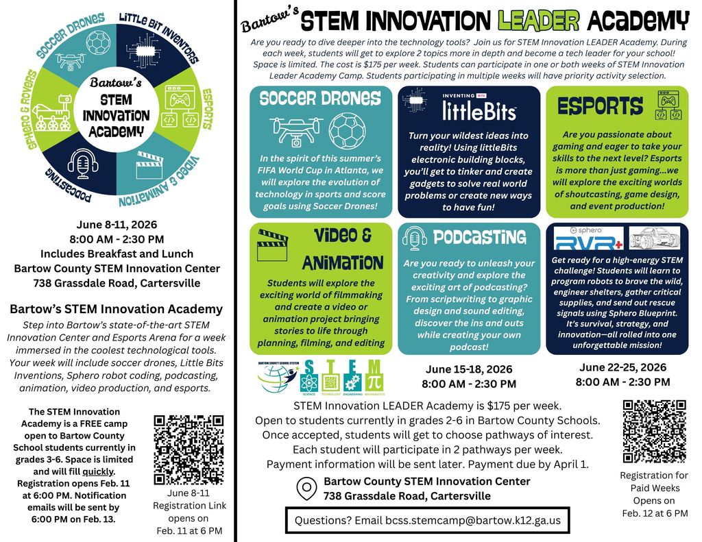 The BCSS Annual Summer STEM Camp registration will open tomorrow @ 6:00 PM! These slots fill up in under 5 minutes so save the date. Each year our amazingly talented STEM Camp teachers give our students innovative opportunities to learn and experience exciting standards-based activities.