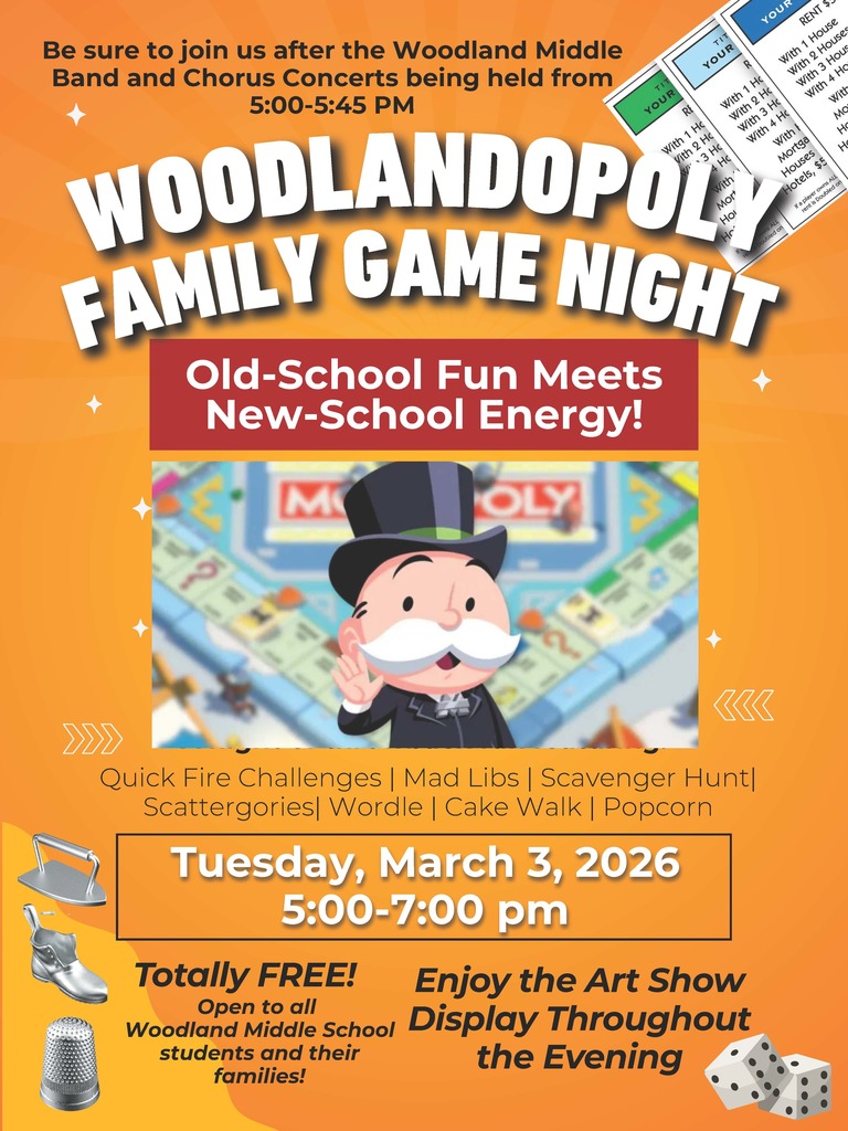 Woodlandopoly. Family game night. old school fun meets new school energy. Tuesday March 3, 2026. 5:00-7:00pm