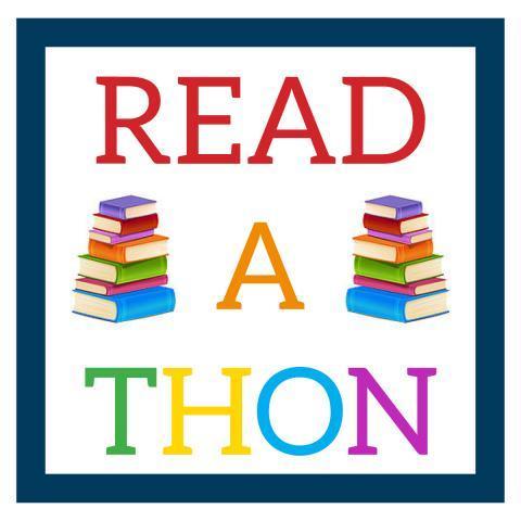Read A Thon is written in different colors.  There is a stack of books on each side of the sign.