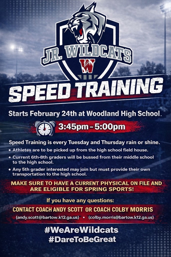 Woodland High School will be starting speed training tomorrow, February 24th from 3:45-5:00 pm rain or shine! It is every Tuesday and Thursday. Current 6th-8th graders will be bussed after school to the high school, but upcoming 5th graders are allowed to join. Students MUST provide their own transportation to the high school. Players MUST have a physical and will need athletic clothing, cleats, and tennis shoes. Players must be picked up in front of the Woodland High School field house when finished.