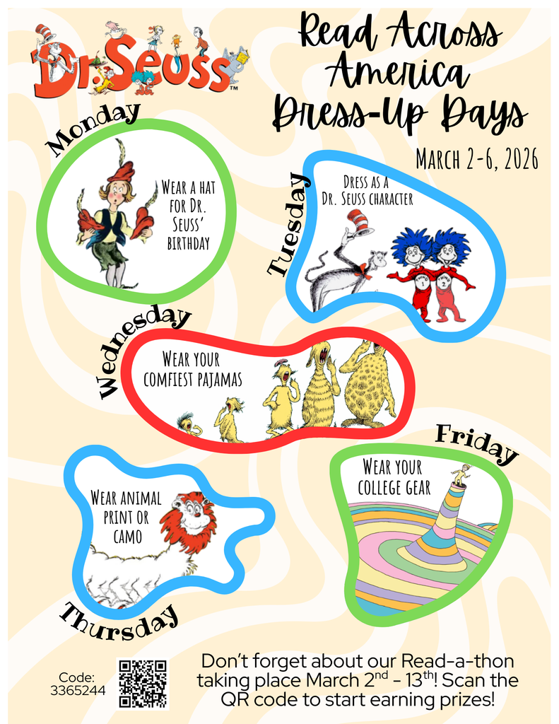 Next week is Read Across America week! Join us for fun dress-up days to celebrate our love of reading!