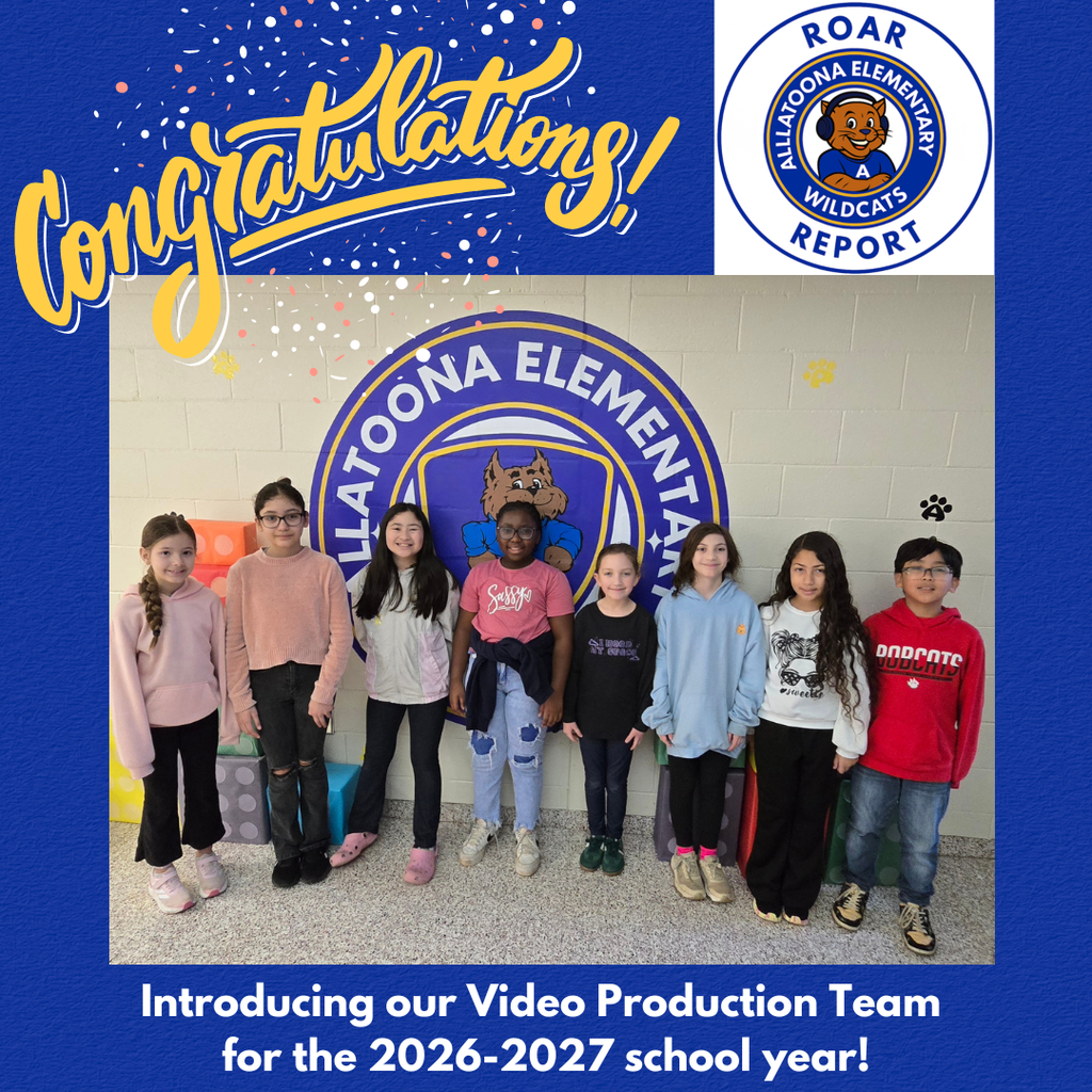 Eight children stand in front of a blue background with a school logo. Text reads "Congratulations!" and "Introducing our Video Production Team for the 2026-2027 school year!"