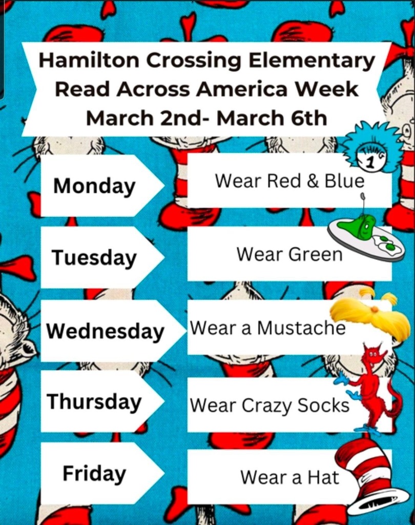 ❤️💙❤️📚 Read Across America Week is March 2 - March 6. Our Knights are celebrating with the following dress up days: Monday - Wear Red & Blue; Tuesday - Wear Green; Wednesday - Wear a Mustache; Thursday - Wear Crazy Socks; Friday - Wear a Hat. 📚❤️💙❤️