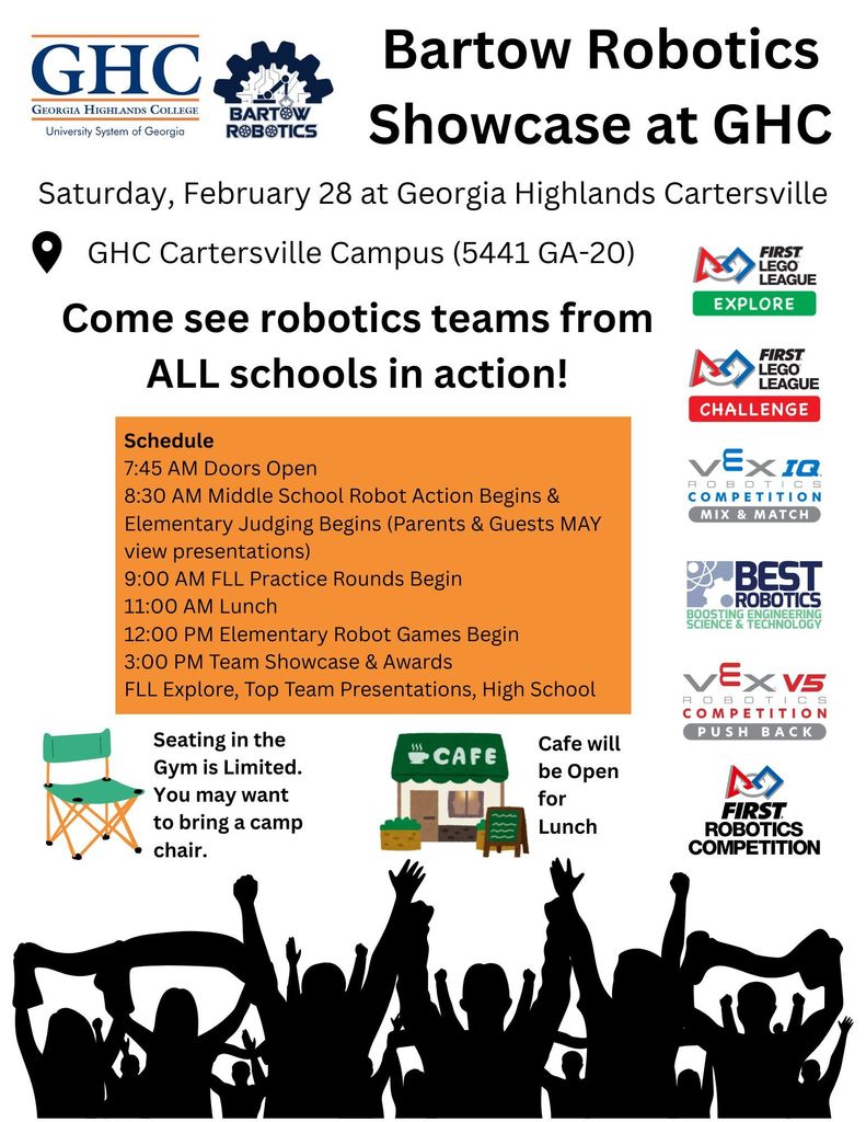 Poster for a robotics showcase event. It features multiple logos, a schedule, and mentions a cafe.