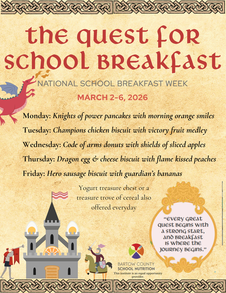 A poster with medieval theme, featuring a castle, dragon, and knight. Text reads: "The Quest for School Breakfast". Breakfast options listed for March 2-6, 2026.